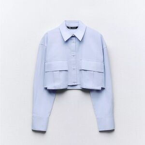 Zara Cropped Gabardine Sky Blue Casual Shirt